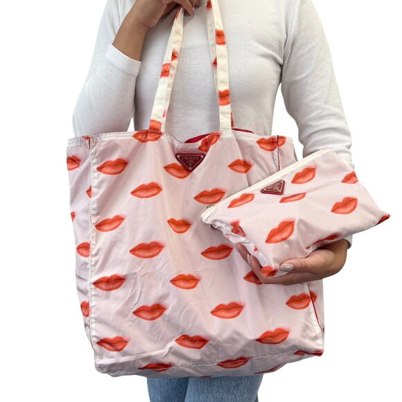 PRADA Vintage Triangle Logo Lip Print Shopping Tote Bag Pouch White Red [106202] - Picture 1 of 16
